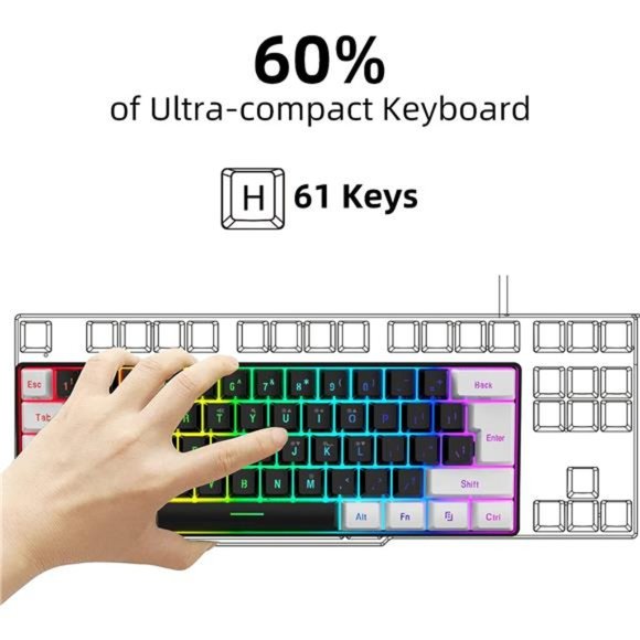 60% Wired Gaming Keyboard, Small RGB Backlit Membrane Gaming Keyboard - Picture 2 of 6